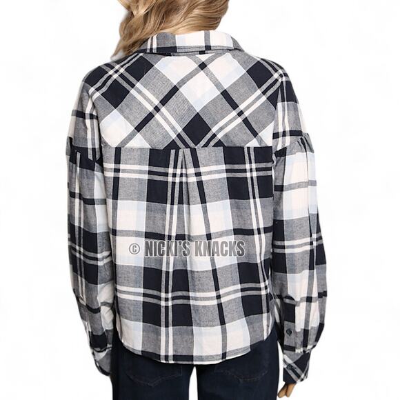 Sanctuary Nordic Plaid Cropped Button Down Long Sleeve Cotton Shirt Size S - Picture 5 of 10